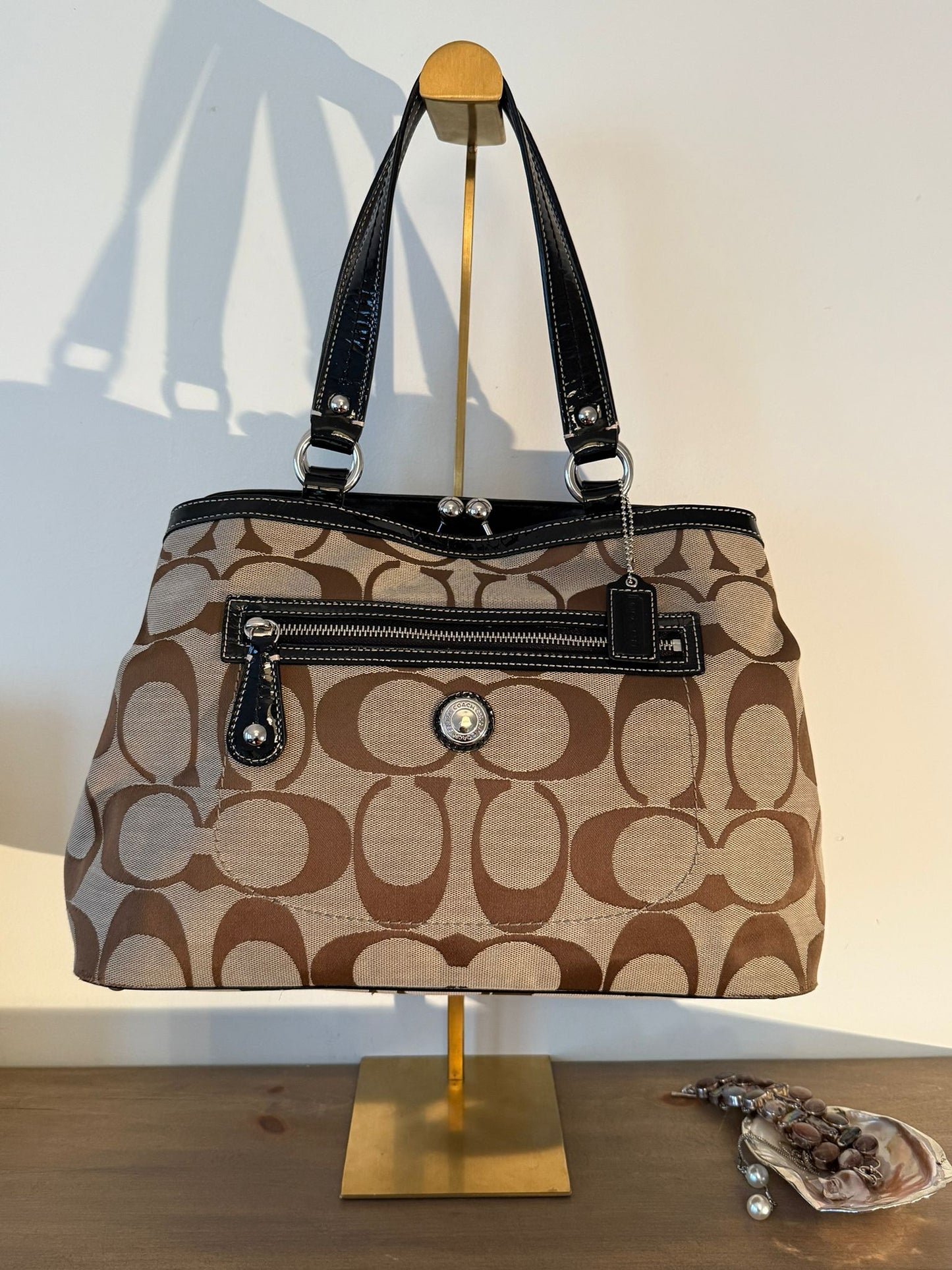 Coach Signature Brown Patent Trim Shoulder Bag