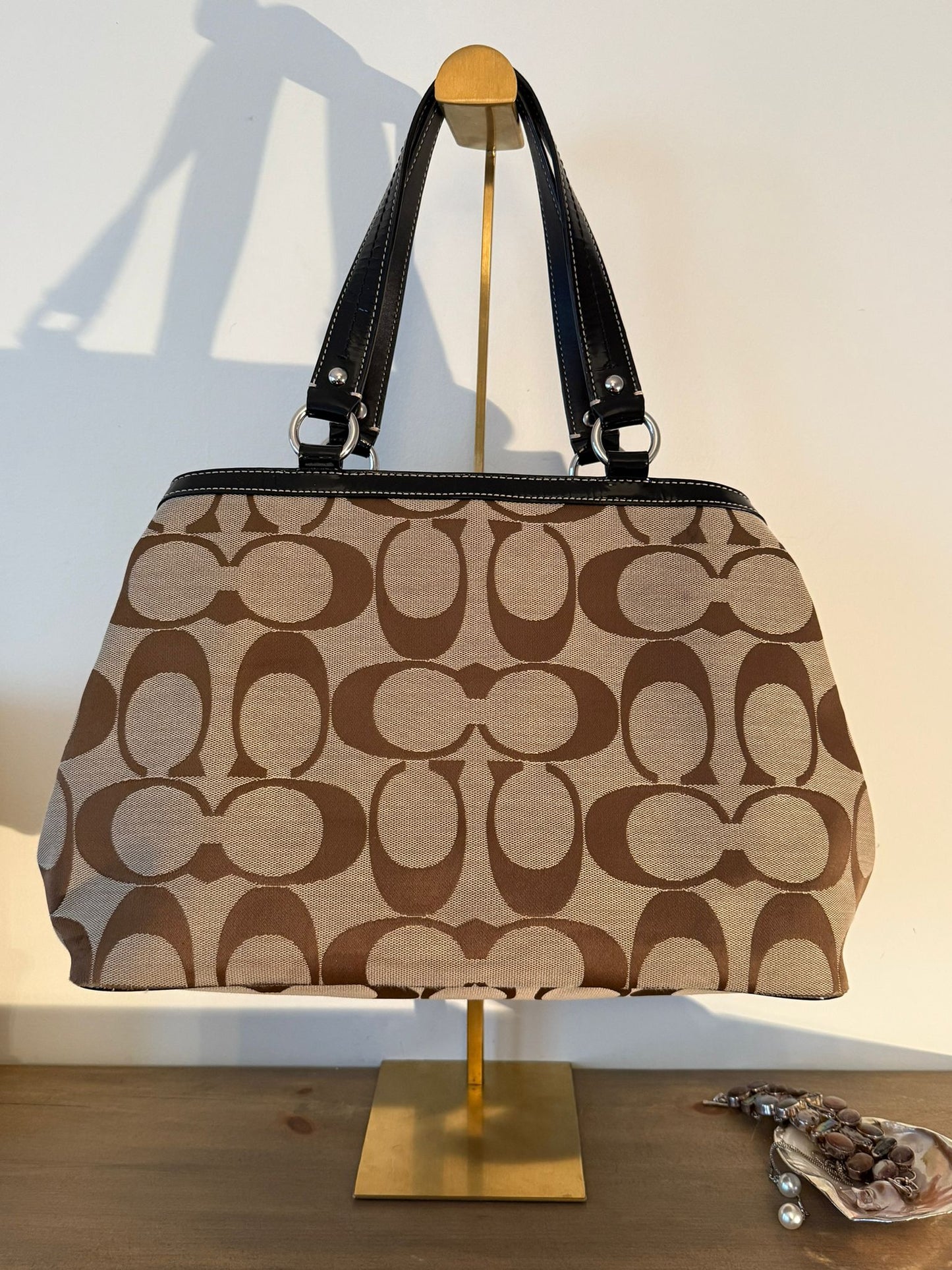 Coach Signature Brown Patent Trim Shoulder Bag