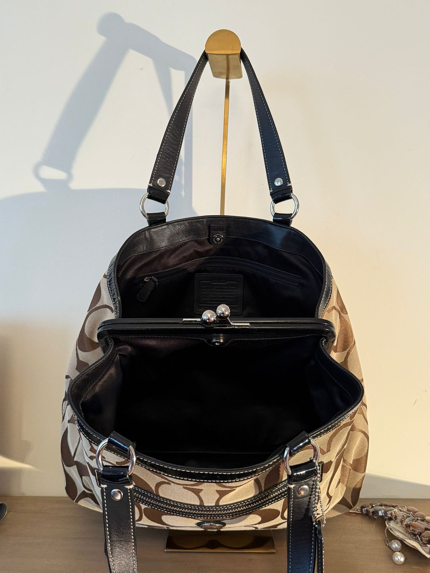 Coach Signature Brown Patent Trim Shoulder Bag