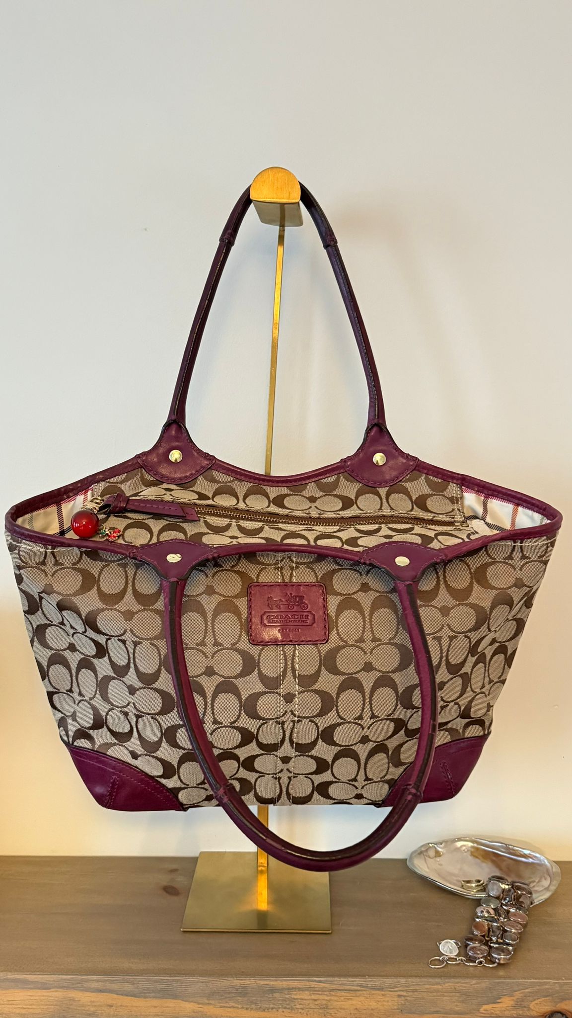 Coach Burgundy Trim Canvas Bag