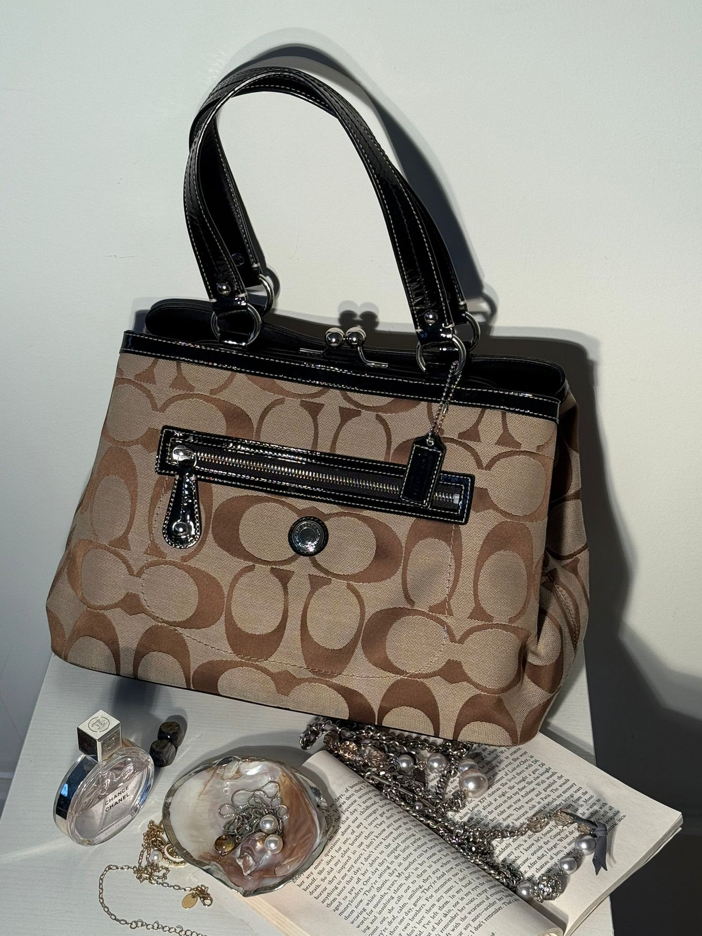 Coach Signature Brown Patent Trim Shoulder Bag