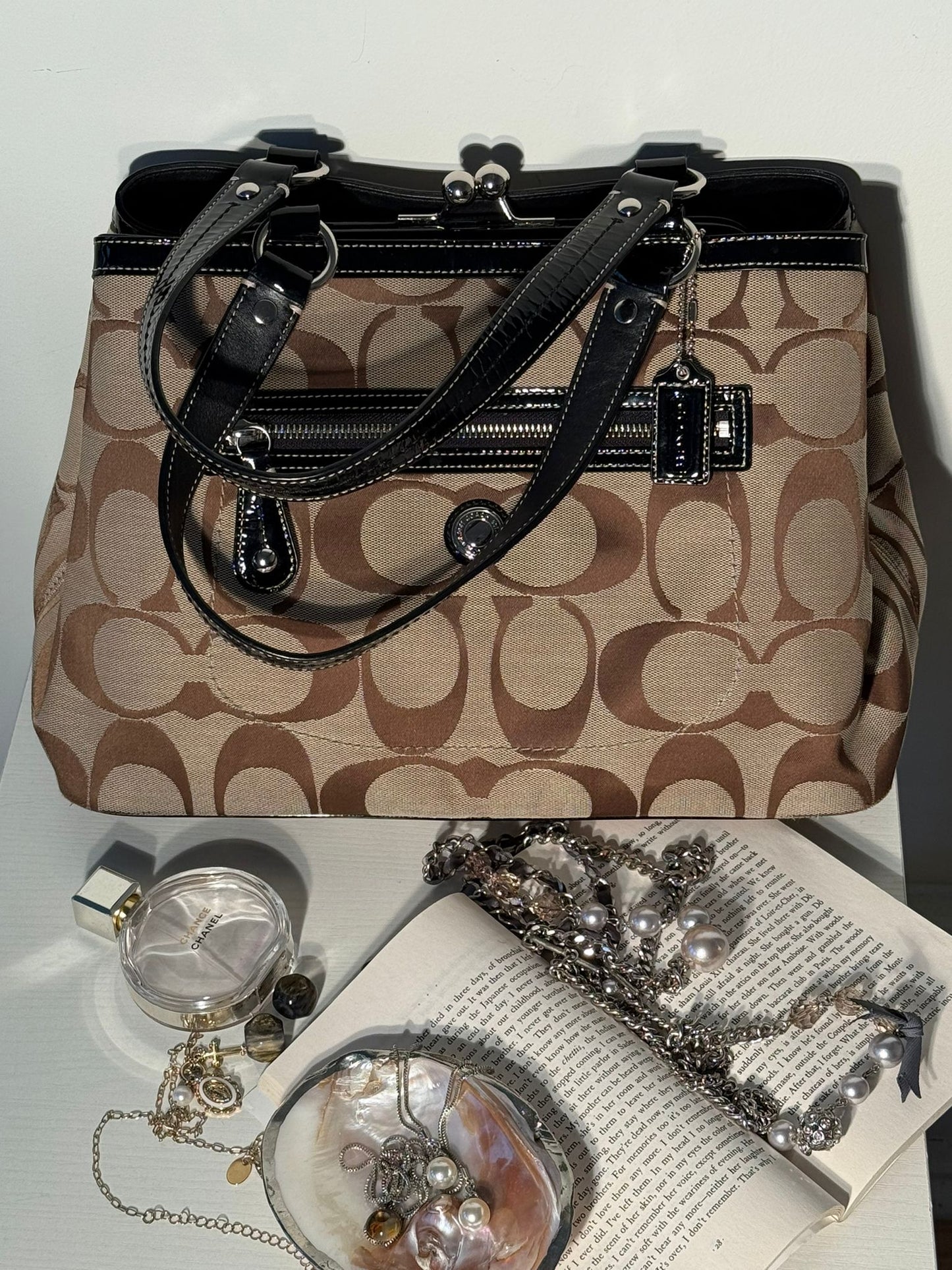 Coach Signature Brown Patent Trim Shoulder Bag