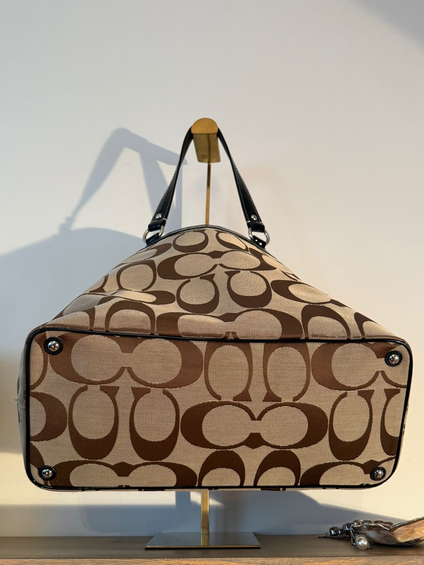 Coach Signature Brown Patent Trim Shoulder Bag